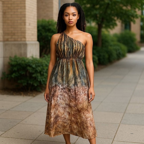 Elle Bella Couture One Shoulder Maxi Dress – Brown Animal Print - Picture 1 of 4
